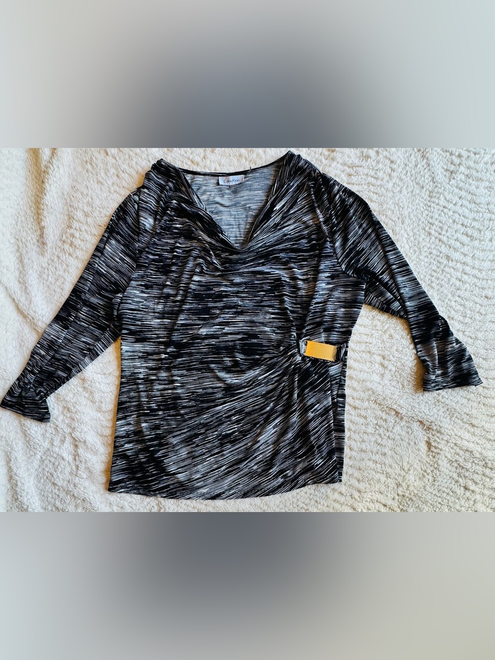 Calvin Klein Black & White Space-Dye Cowl Neck Top with Side Buckle